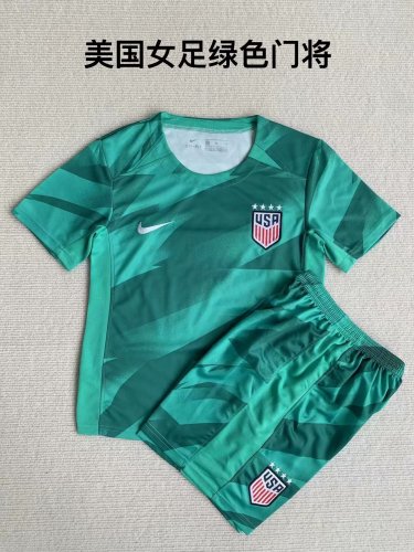Youth Uniform Kids Kit 2023-2024 USA Green Goalkeeper Soccer Jersey Shorts