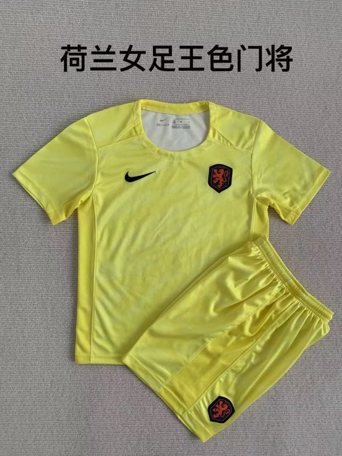 Youth Uniform Kids Kit 2023-2024 Netherlands Yellow Goalkeeper Soccer Jersey Shorts