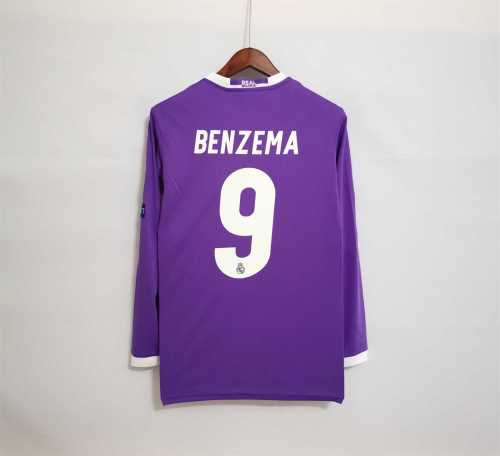 with Front Lettering+Front Patch+UCL Patch Long Sleeve Retro Jersey 2016-2017 Real Madrid BENZEMA 9 Away Purple UCL Final Soccer Jersey