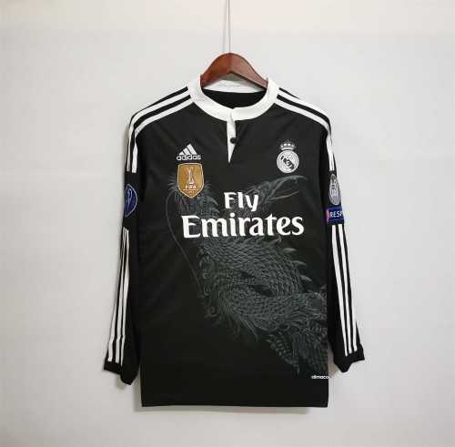 with Gold FIFA+UCL Patch Long Sleeve Retro Jersey 2014-2015 Real Madrid Third Away Black Soccer Jersey