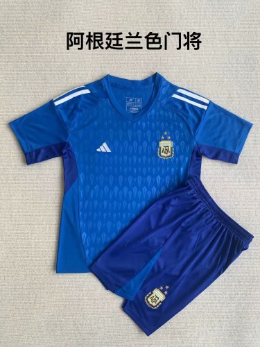 Youth Uniform Kids Kit 2023-2024 Argentina Blue Goalkeeper Soccer Jersey Shorts