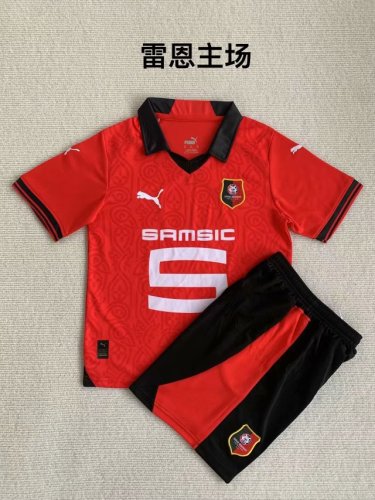 Youth Uniform 2023-2024 Stade Rennais Home Soccer Jersey Shorts Kids Kit