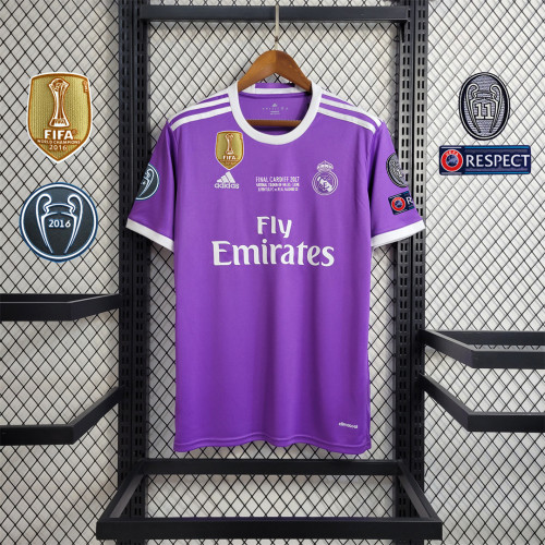 with Front Patch+Front Lettering+UCL Patch Retro Jersey 2016-2017 Real Madrid Away Purple Soccer Jersey
