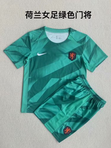 Youth Uniform Kids Kit 2023-2024 Netherlands Green Goalkeeper Soccer Jersey Shorts