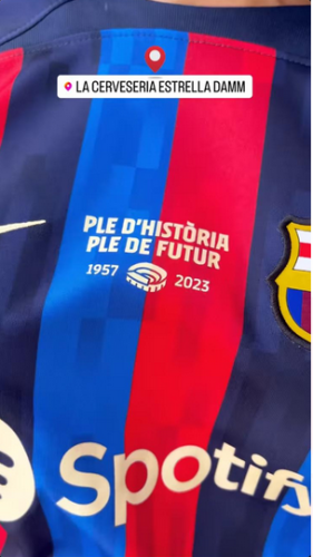 with PLE D'HISTORIA PLE DE FUTUR 1957-2023 Lettering Fans Version 2022-2023 Barcelona Home Soccer Jersey