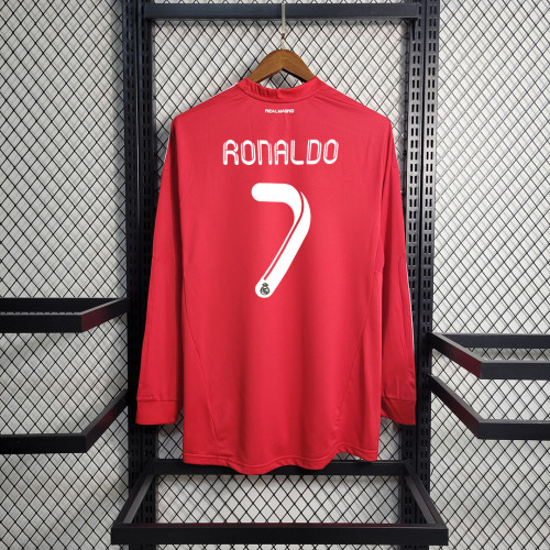 with UCL Patch Retro Jersey Long Sleeve 2011-2012 Real Madrid 7 RONALDO Third Away Red Soccer Jersey