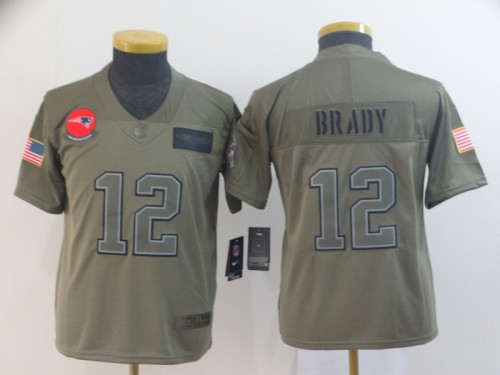 Youth New England Patriots 12 Tom Brady 2019 Olive Salute To Service Limited Jersey