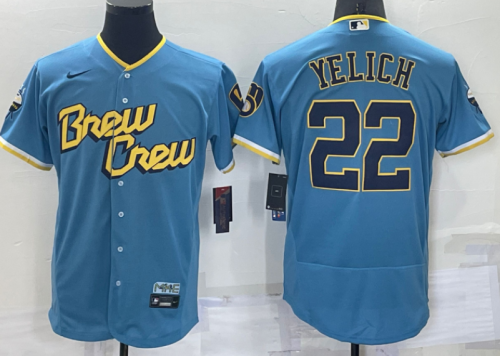 Milwaukee Brewers 22 Christian Yelich Blue Nike 2022 City Connect Cool Base Jersey