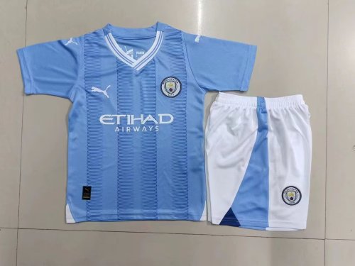 Youth Uniform Kids Kit 2023-2024 Manchester City Home Soccer Jersey Shorts