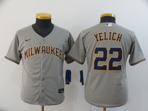 Youth Kids Milwaukee Brewers 22 YELICH Grey 2020 Cool Base Jersey