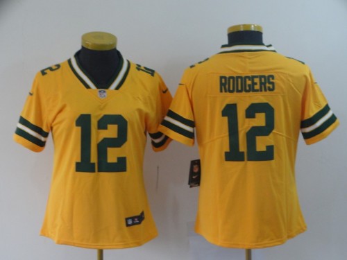 Lady Green Bay Packers 12 Aaron Rodgers Gold Women Inverted Legend Limited Jersey
