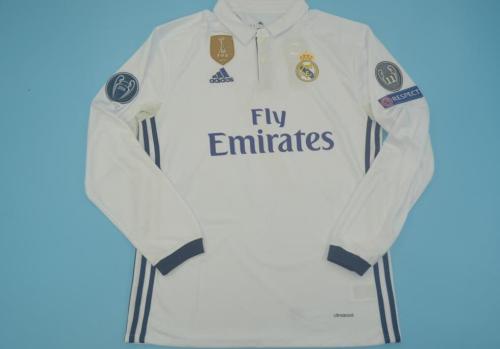 with UCL+Front Patch Long Sleeve Retro Jersey 2016-2017 Real Madrid Home Soccer Jersey