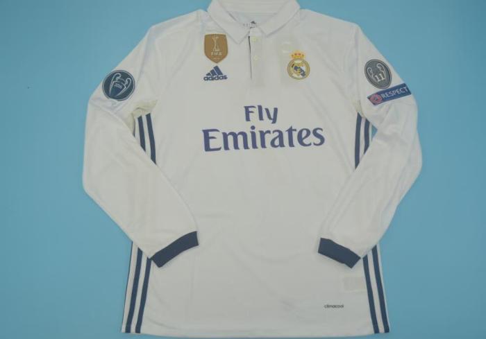 with UCL+Front Patch Long Sleeve Retro Jersey 2016-2017 Real Madrid Home Soccer Jersey