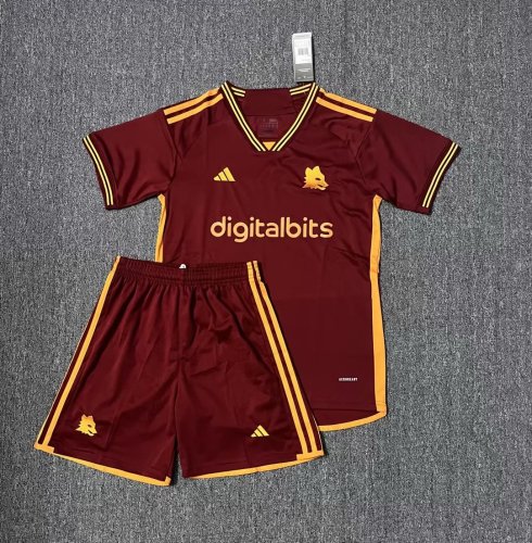 with Sponor Logo Youth Uniform Kids Kit 2023-2024 AS Roma Home Soccer Jersey Shorts Child Football Kit