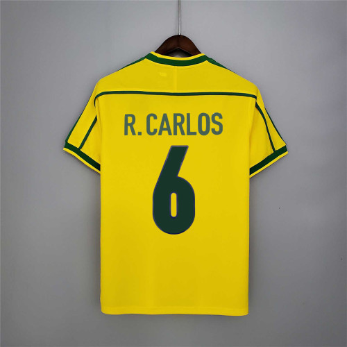 Retro Camisetas de Futbol 1998 Brazil R.CARLOS 6 Home Soccer Jersey Brasil Vintage Shirt