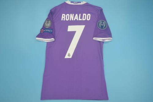 with UCL+Golden FIFA Patch+ Front Lettering Retro Jersey Real Madrid 2016-2017 RONALDO 7 Away Purple Soccer Jersey