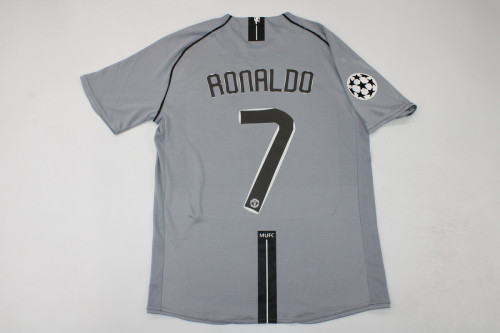 Ronaldo 7 Shirt for with UCL Patch Retro Man United Shirt 2007-2008 Manchester United Vintage Grey Goalkeeper Soccer Jersey