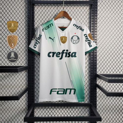 with 3 Patches+All Sponor Logos Fans Version 2023-2024 Palmeiras Away White Soccer Jersey