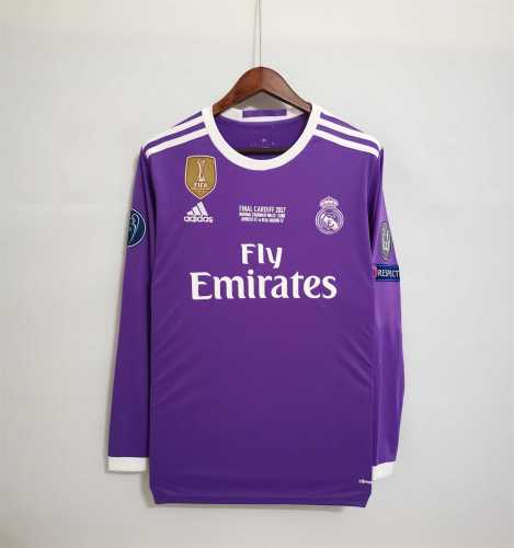 with Front Lettering+Front Patch+UCL Patch Long Sleeve Retro Jersey 2016-2017 Real Madrid Away Purple UCL Final Soccer Jersey