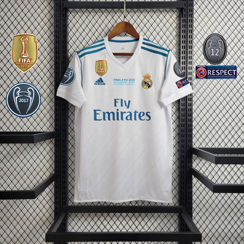 with Front Patch+Front Lettering+UCL Patch Retro Jersey 2017-2018 Real Madrid Home Soccer Jersey
