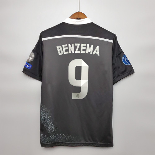 with Gold FIFA+UCL Patch Retro Jersey 2014-2015 Real Madrid BENZEMA 9 Third Away Black Soccer Jersey