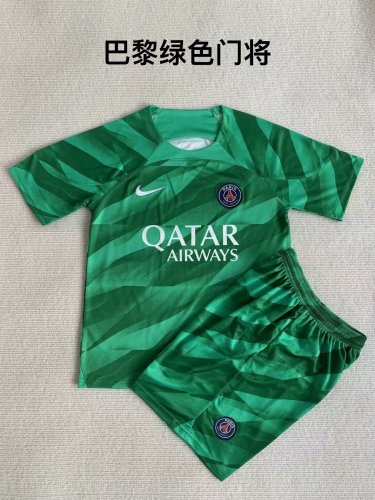 Youth Uniform Kids Kit 2023-2024 PSG Green Goalkeeper Soccer Jersey Shorts