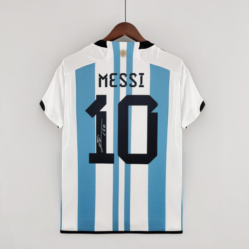 with 3 Stars+Golden Patch Fans Version 2022 World Cup Argentina Signed MESSI 10 Home Soccer Jersey