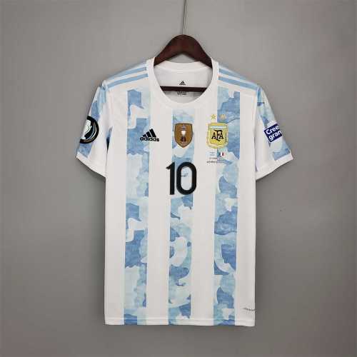 with Golden Patch+Sleeve Patch Fan Version 2020 Argentina Home Soccer Jersey