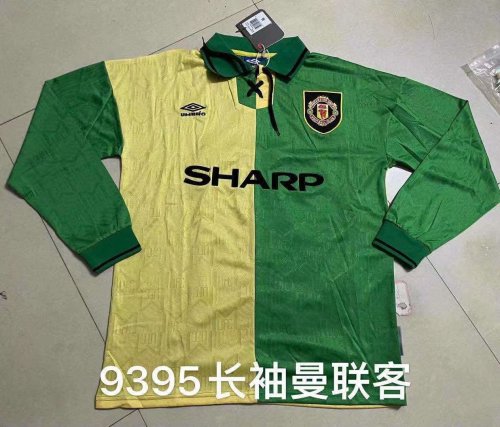 Retro Jersey Long Sleeve 1993-1995 Manchester United  Away Green/Yellow Soccer Jersey