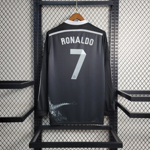 with Gold FIFA+UCL Patch Long Sleeve Retro Jersey 2014-2015 Real Madrid 7 RONALDO Third Away Black Soccer Jersey