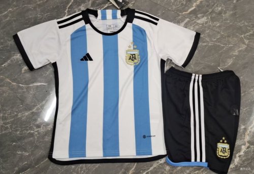 with 3 Stars Youth Uniform Kids Kit 2022 World Cup Argentina Home Soccer Jersey Shorts