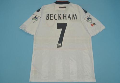 with EPL Patch Retro Jersey 1998-1999 Manchester United 7 BECKHAM Away White Soccer Jersey