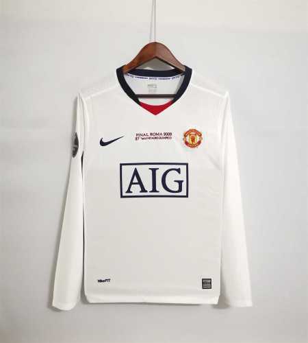 with Front Lettering+UCL Patch Retro Jersey Long Sleeve 2008-2009 Manchester United Away White Soccer Jersey