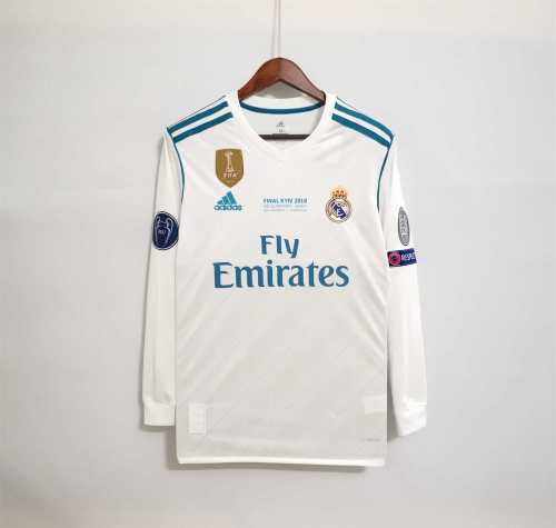 with Front Lettering+Front Patch+UCL Patch Long Sleeve Retro Jersey 2017-2018 Real Madrid Home UCL Final Soccer Jersey