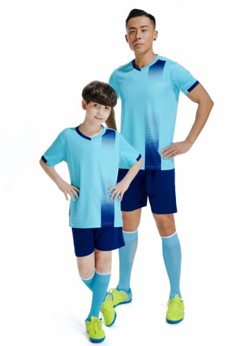 D8817 Blue Youth Set Adult Uniform Blank Soccer Training Jersey Shorts