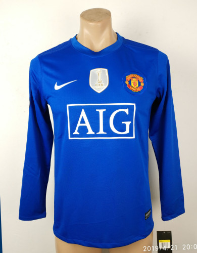 with Gold FIFA+Champions League Patch Retro Jersey Long Sleeve 2008-2009 Manchester United Away Blue Soccer Jersey