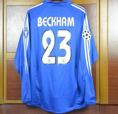 with UCL Patch Retro Jersey Long Sleeve Real Madrid 2004-2005 BECKHAM 23 Away Blue Soccer Jersey