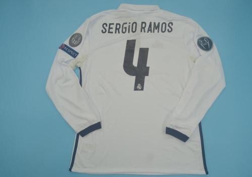 with UCL+Front Patch Long Sleeve Retro Jersey 2016-2017 Real Madrid 4 SERGIO RAMOS Home Soccer Jersey