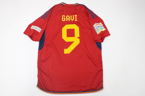 with Front Lettering+Patch SPAIN UEFA NATIONAL LEAGUE 2023 FINAL GAVI 9 Home Soccer Jersey