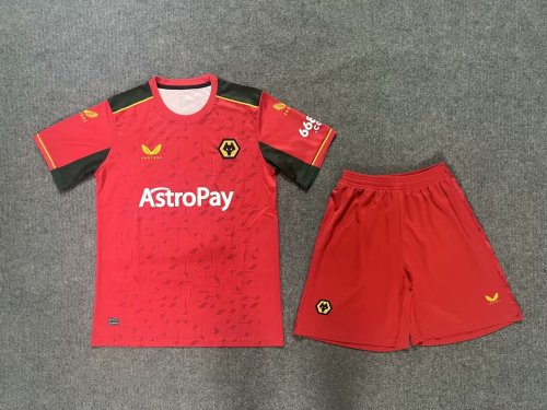 Adult Uniform Wolves Jersey 2023-2024 Wolverhampton Wanderers Away Red Football Shirt Shorts
