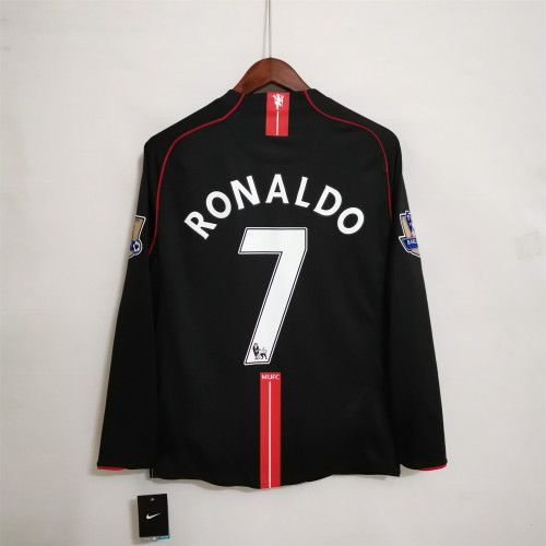 with Golden EPL Patch Long Sleeve Retro Shirt 2007-2008 Manchester United RONALDO 7 Away Black Vintage Soccer Jersey