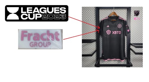 with Leagues Cup 2023+Fracht GROUP+MLS Patch Fan Version 2023-2024 Inter Miami Away Black Soccer Jersey Football Shirt