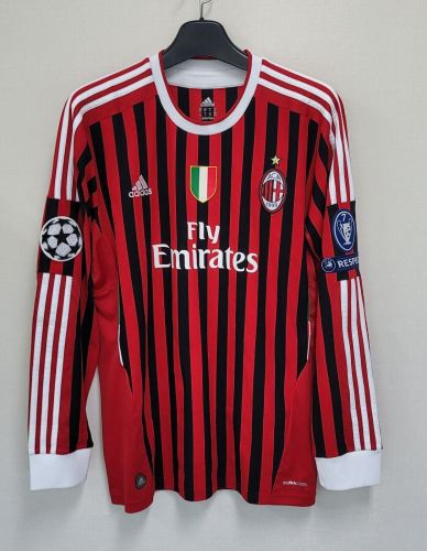 with Scudetto+UEFA Champions League Badge Long Sleeve Retro Shirt 2011-2012 AC Milan Home Soccer Jersey