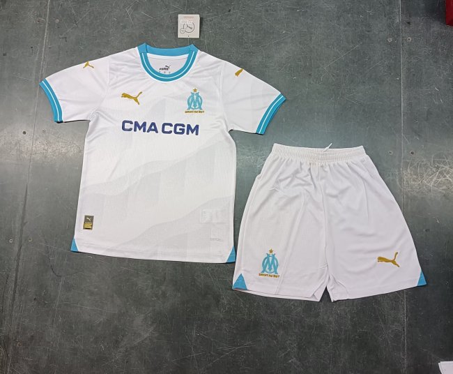 Youth Uniform Marseille 2023-2024 Home Soccer Jersey Shorts Kids Kit Child Set