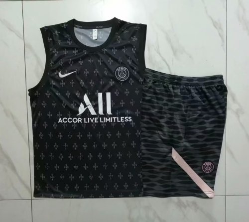 Adult Uniform 2023-2024 PSG Black Pattern Soccer Training Vest and Shorts