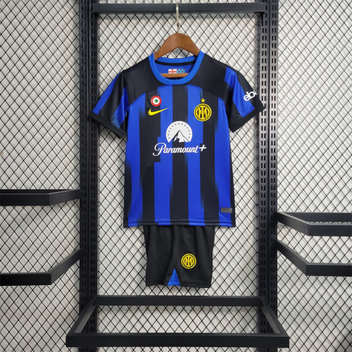 with Coppa Italia Patch Youth Uniform Kids Kit 2023-2024 Inter Milan Home Soccer Jersey Shorts