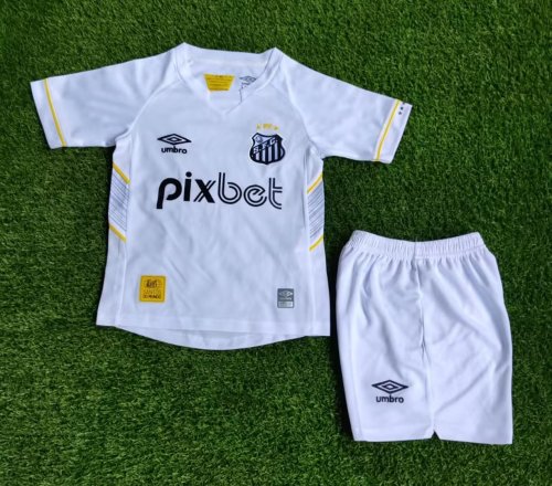 with Sponor Logo Youth Uniform 2023-2024 Santos Home Soccer Jersey Shorts Kids Kit