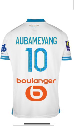 with Ligue 1 Patch+All Sponor Logos Fan Version 2023-2024 Olympique de Marseille 10 AUBAMEYANG Home Soccer Jersey