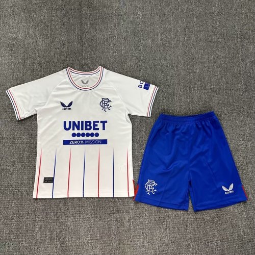Youth Uniform Kids Kit 2023-2024 Rangers Away White Soccer Jersey Shorts