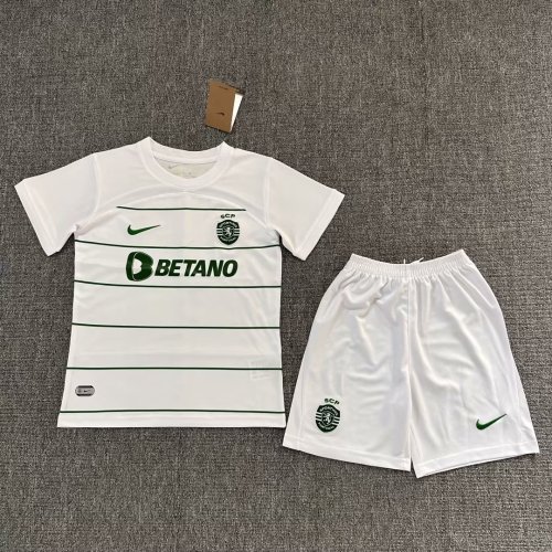 Youth Uniform Kids Kit 2023-2024 Sporting Lisbon Away White Soccer Jersey Shorts